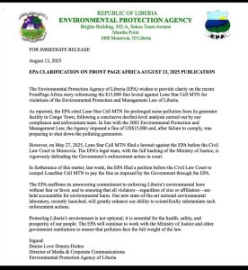 EPA CLARIFICATION ON FRONT PAGE AFRICA AUGUST 13, 2025 PUBLICATION